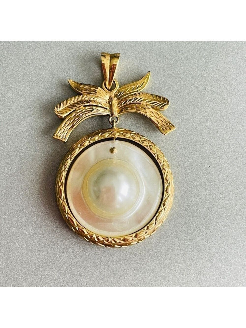 Estate 14k Yellow Gold Floating Mabe Pearl Ribbon Design Dangle Unique P…
